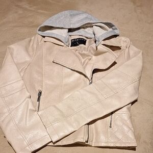 Bernardo Cream Faux Leather Jacket with Removable Hood, Size M